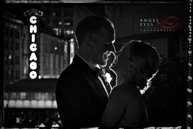Film Noir wedding photos, Chicago theather sign (1)