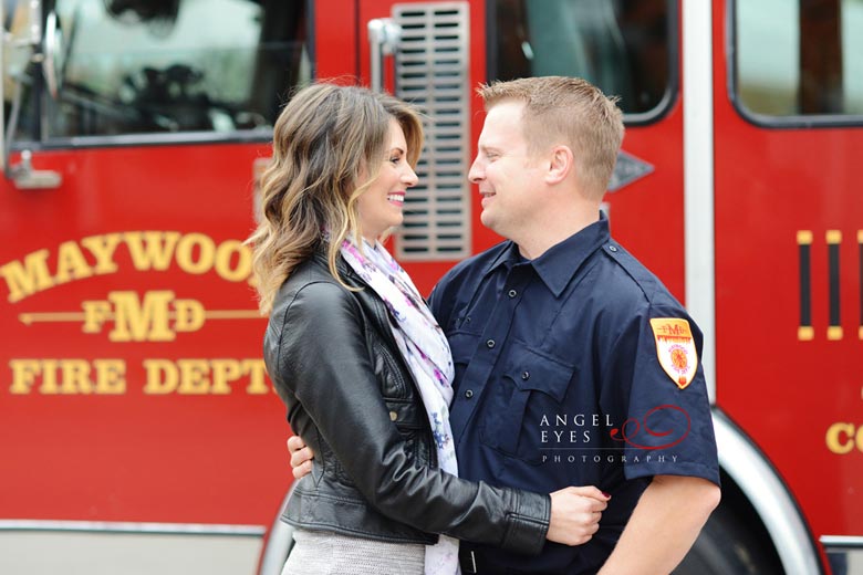 Fire fighter engagement session, photo shoot with fire truck, fireman engagement photos  (1)
