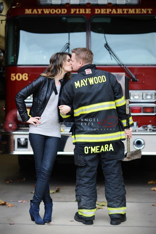 Fire fighter engagement session, photo shoot with fire truck, fireman engagement photos  (10)