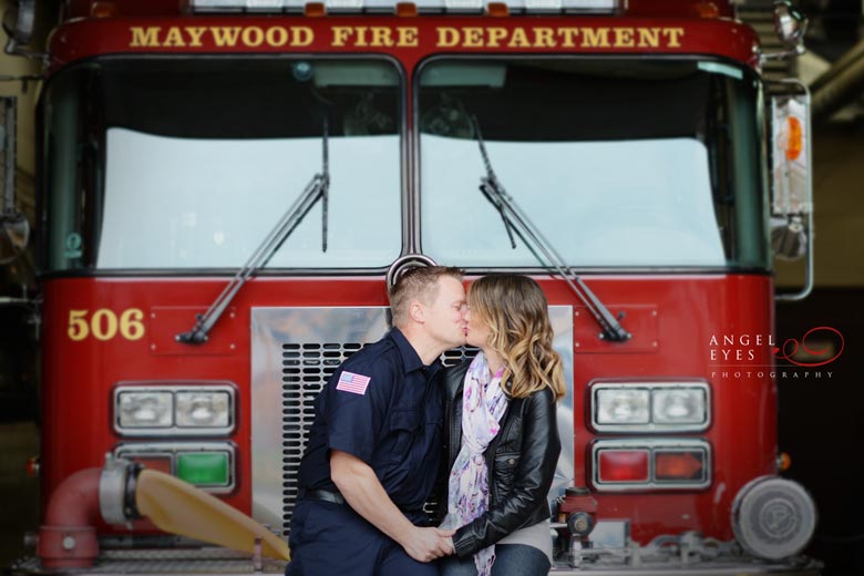 Fire fighter engagement session, photo shoot with fire truck, fireman engagement photos  (2)