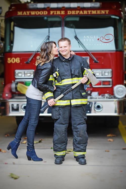 Fire fighter engagement session, photo shoot with fire truck, fireman engagement photos  (3)