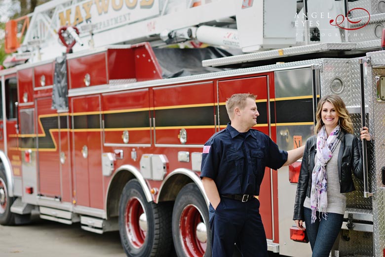 Fire fighter engagement session, photo shoot with fire truck, fireman engagement photos  (8)