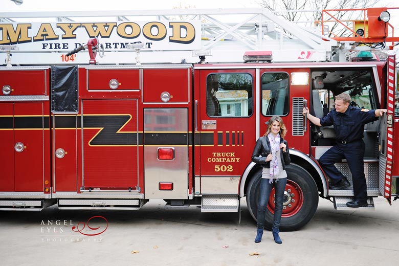 Fire fighter engagement session, photo shoot with fire truck, fireman engagement photos  (9)