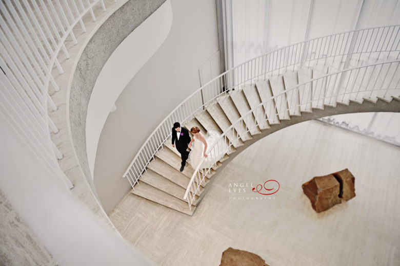 Chicago wedding photos at the Art Institute spiral staircase, Best Chicago wedding photographer, unique venue