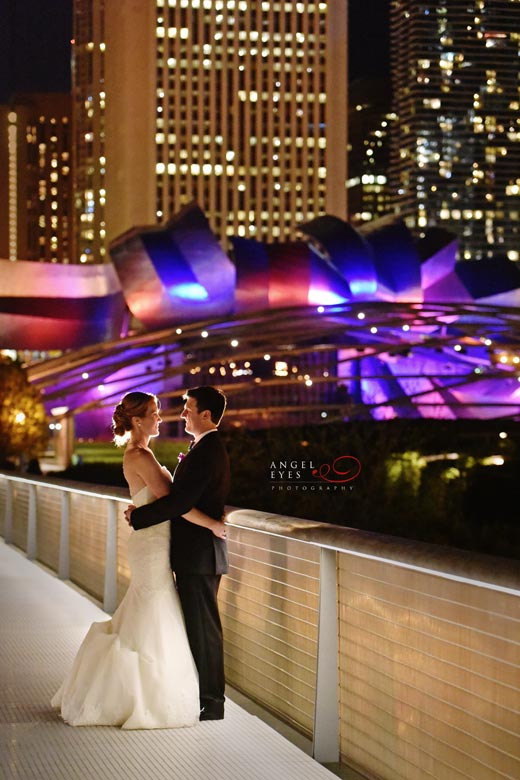 Modern wing at the Art Institute of Chicago wedding, night time photos on the Nichols Bridgeway, best Chicago photogapher
